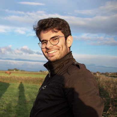 Man in a green field with two cows