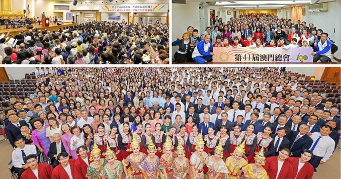 A composite photo of people sitting in rows at big meeting (top left), a large group photo with people holding a banner at the front (top right), and a large group photo with Thai traditional dancers at the front (bottom).