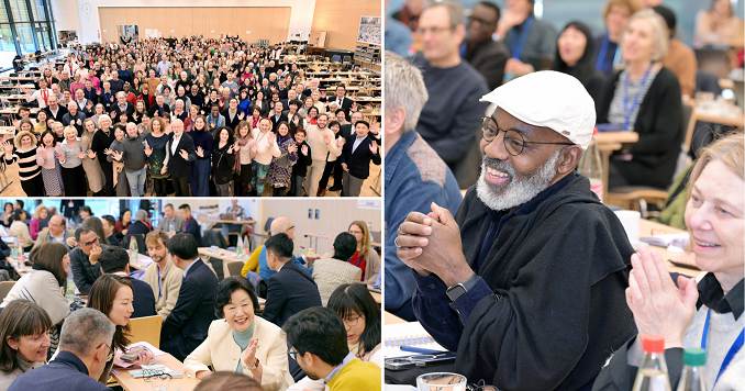 A composite of three photos: a large group of people in a conference room (top left); small group discussions (bottom left); man in white hat at a table during a conference (right).