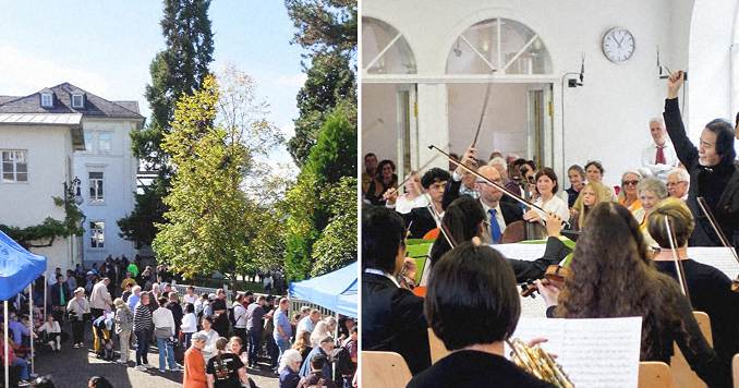People in conversation outside a white building (left) and an orchestra performs under the direction of a conductor (right)